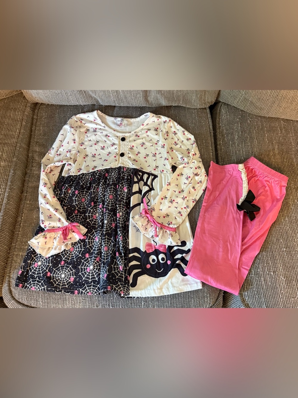 Girls' Pink & Black Spider Web Halloween Top and Leggings